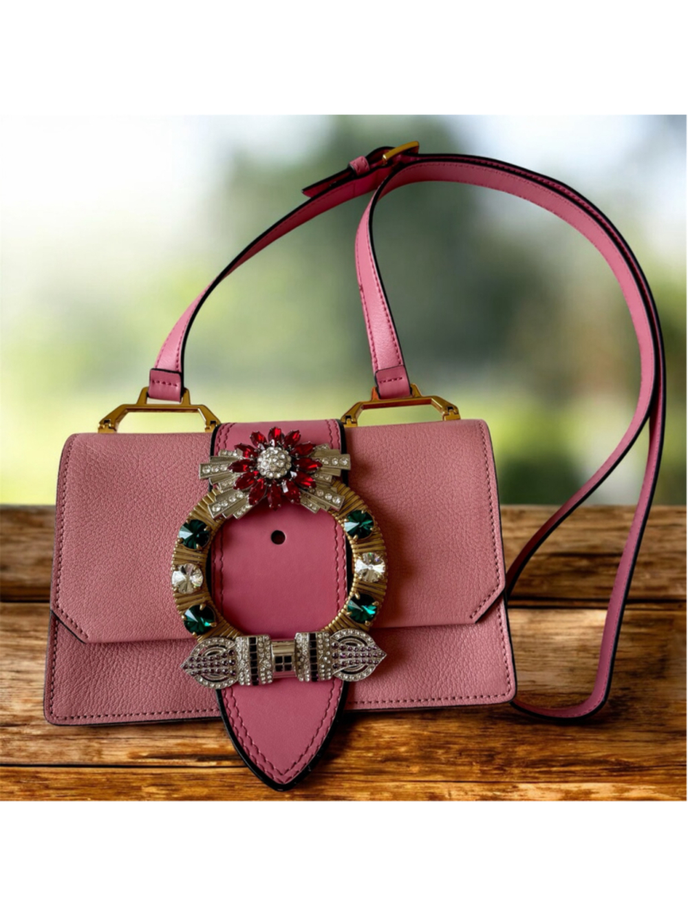 Miu Miu Miu Lady Crystal-Embellished Madras Leather Shoulder Bag - Pink - Picture 16 of 16